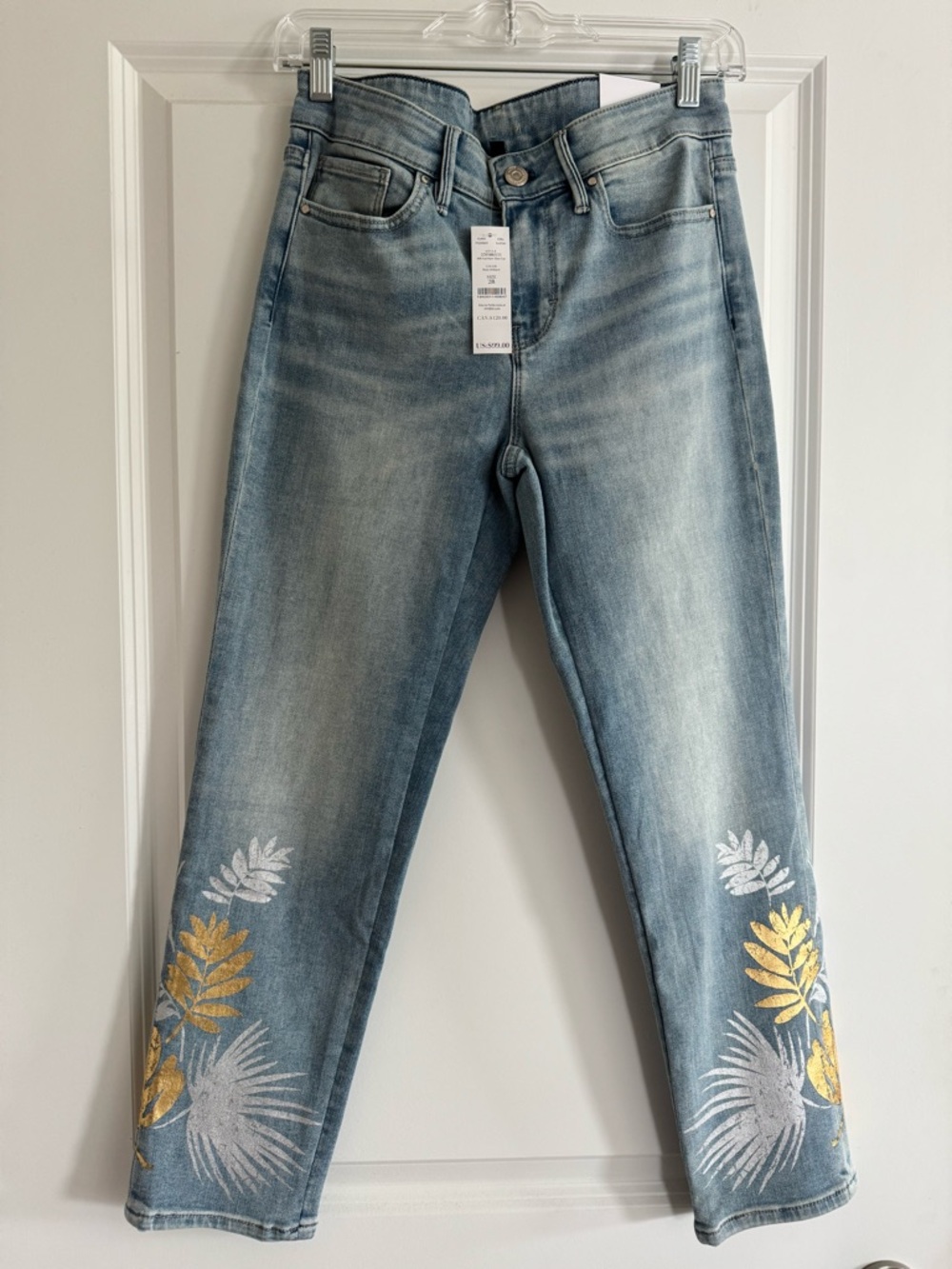 Light Blue Women's Denim Jeans with Gold & Silver Leaf Embroidery